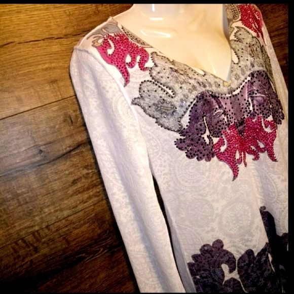 One World Top Size M Waffle Rhinestone Paisley NEW - Picture 11 of 16